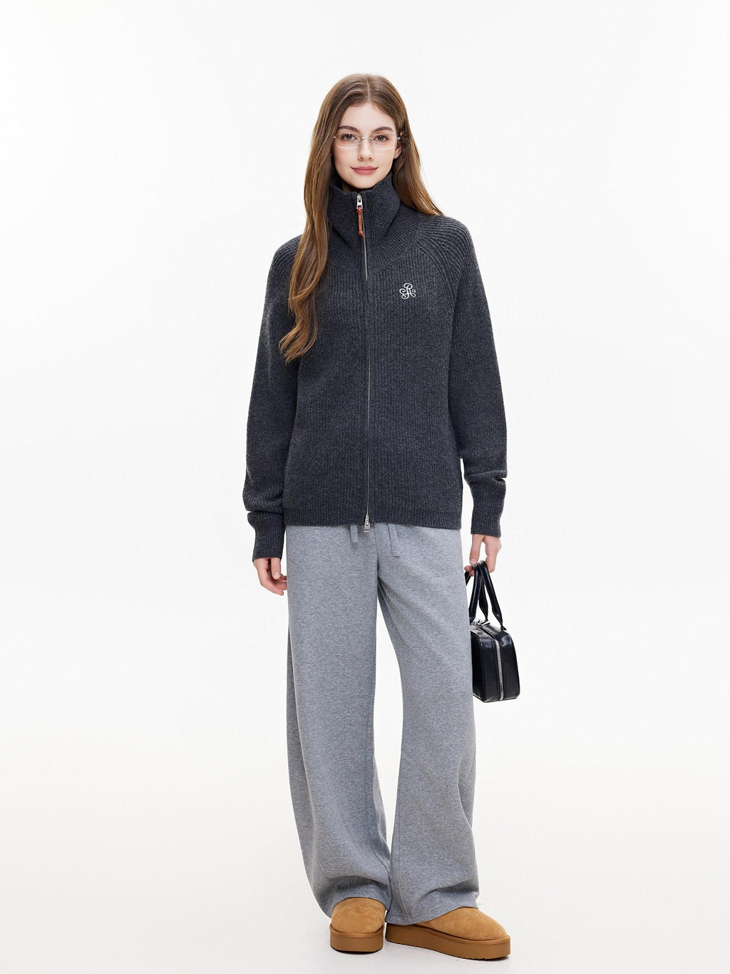 ikyou Warm Wool Blend Stand Collar Zip Loose Commuter Knit Women Deep Gray Cardigans