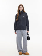 ikyou Warm Wool Blend Stand Collar Zip Loose Commuter Knit Women Deep Gray Cardigans