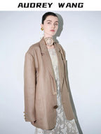audreyyang Breathable Pure Linen Dot Loose Fit Notched Lapel Women Workwear Gold Blazers