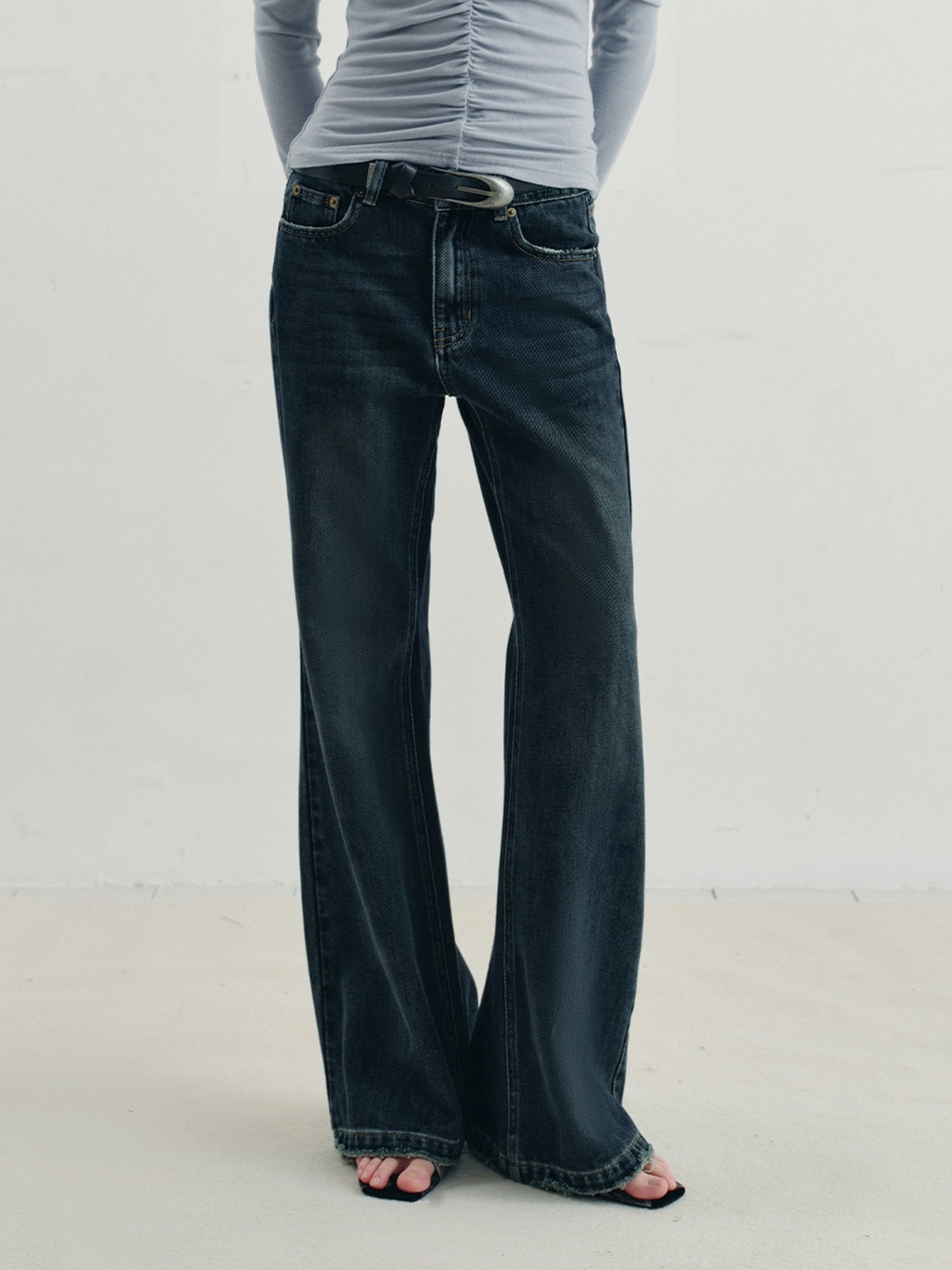 someonesometimes Vintage Washed Low Rise Distressed Denim Stretch Women Deep Indigo Flared Jeans