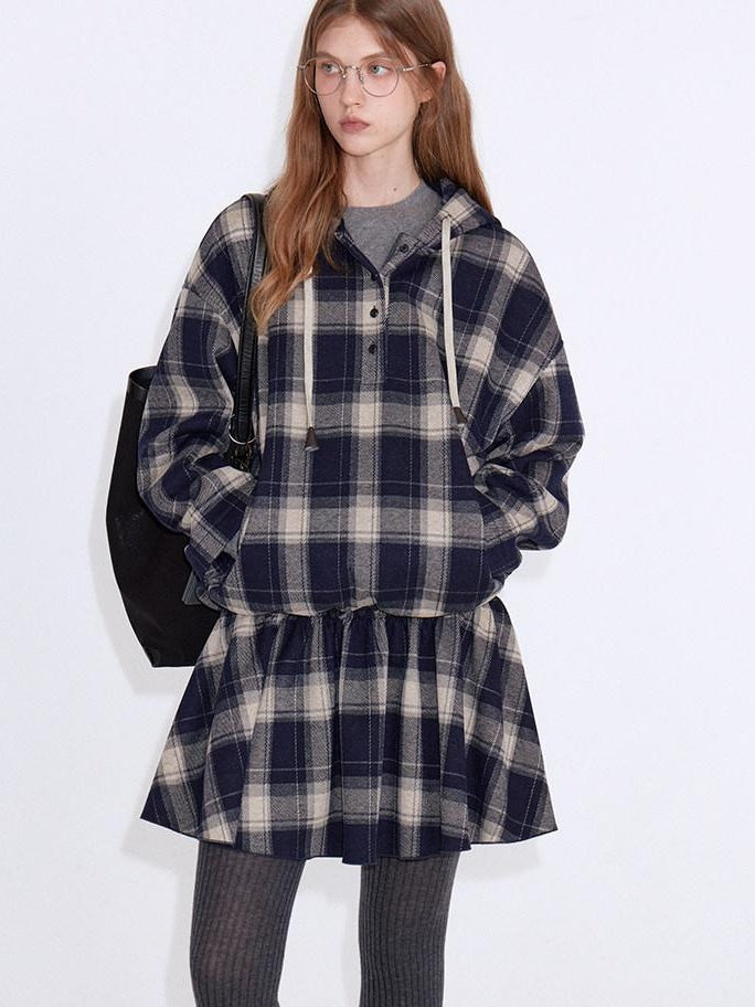 fano Soft Stretch Polyester Blend Cozy Relaxed Fit Plaid Pullover Women Hoodie