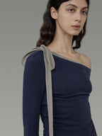 unspoken Tie Detail Slim Knit Pullover Asymmetrical Collar Office Viscose Blouses