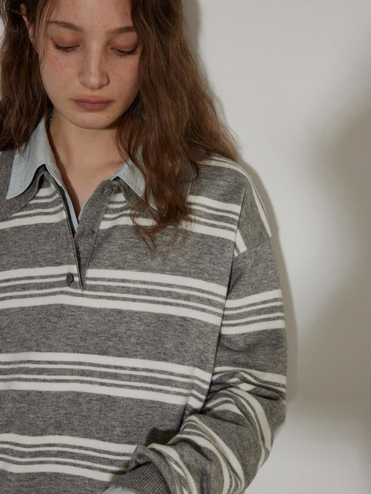 Lofi choose Soft Acrylic Blend Loose Fit Striped Polo Collar Office Women Knit Sweaters