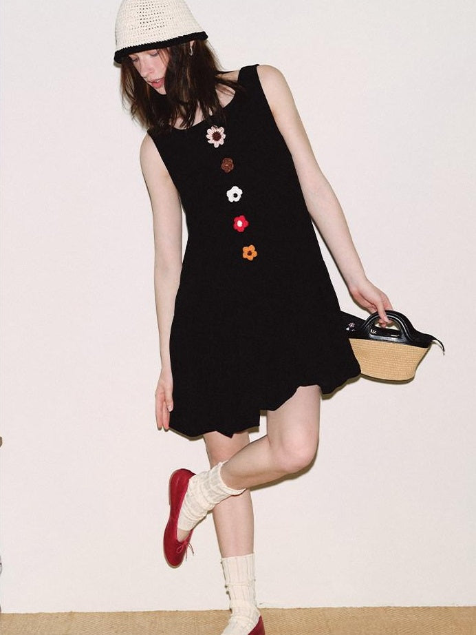 fano Viscose Linen Sleeveless Natural Waist Bubble A Line Casual Black Midi Dresses
