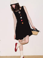 fano Viscose Linen Sleeveless Natural Waist Bubble A Line Casual Black Midi Dresses