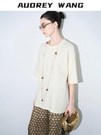 audreyyang Pure Cotton Loose Commuter Round Neck Mid Sleeve Women Long Sleeve T-Shirts
