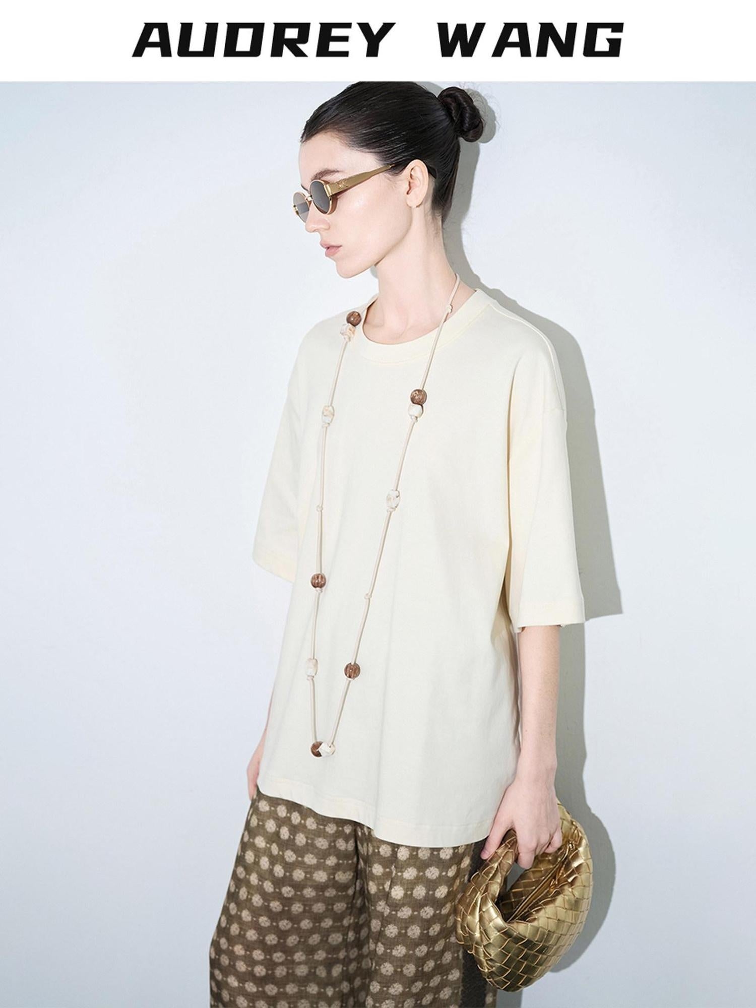 audreyyang Pure Cotton Loose Commuter Round Neck Mid Sleeve Women Long Sleeve T-Shirts