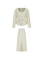 unspoken Slim Office Button Front Long Sleeve Cream Polyester Women Top & Skirt Sets