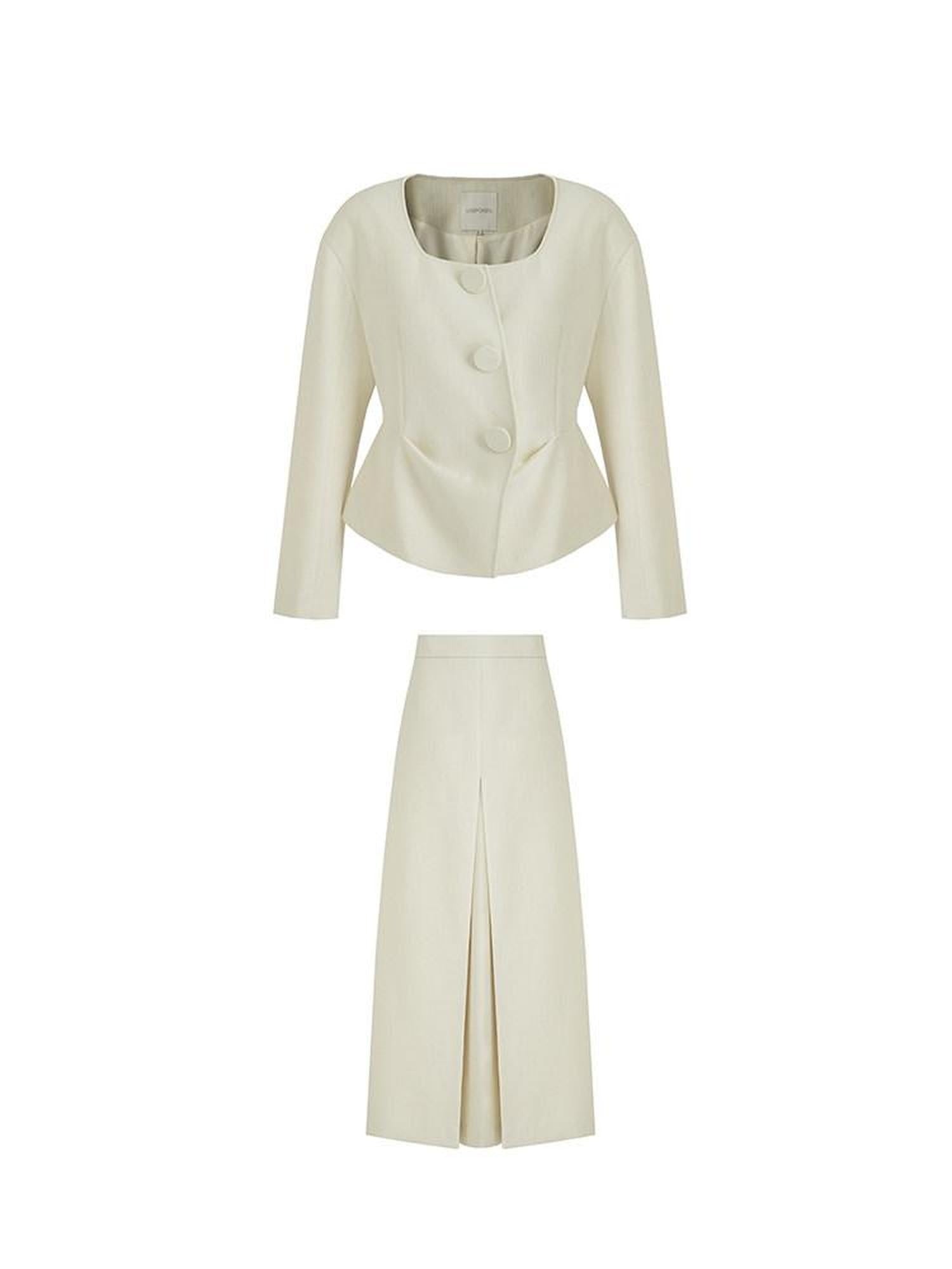 unspoken Slim Office Button Front Long Sleeve Cream Polyester Women Top & Skirt Sets