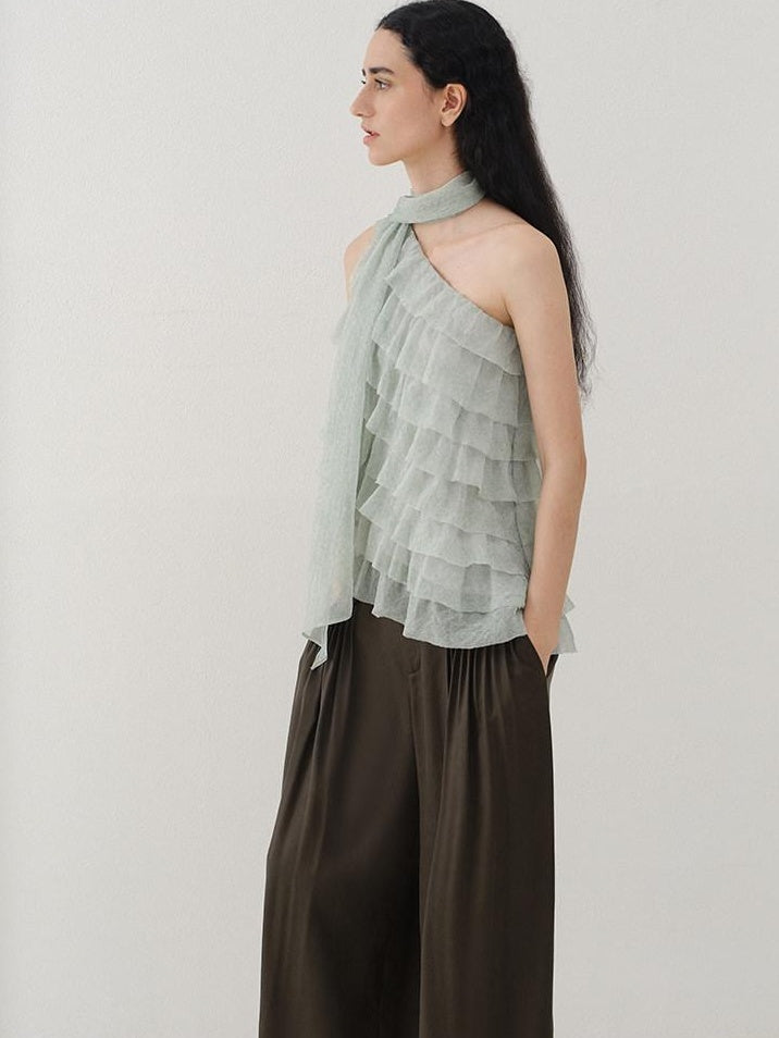 someonesometimes Sheer Mesh Wave Tie Lightweight Workwear Women Mint Green Off Shoulder Crop Tops