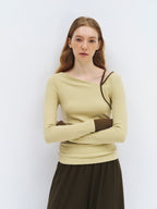 someonesometimes Stretch Casual Slim Asymmetric Neck Women Lemongrass Yellow Long Sleeve T-Shirts