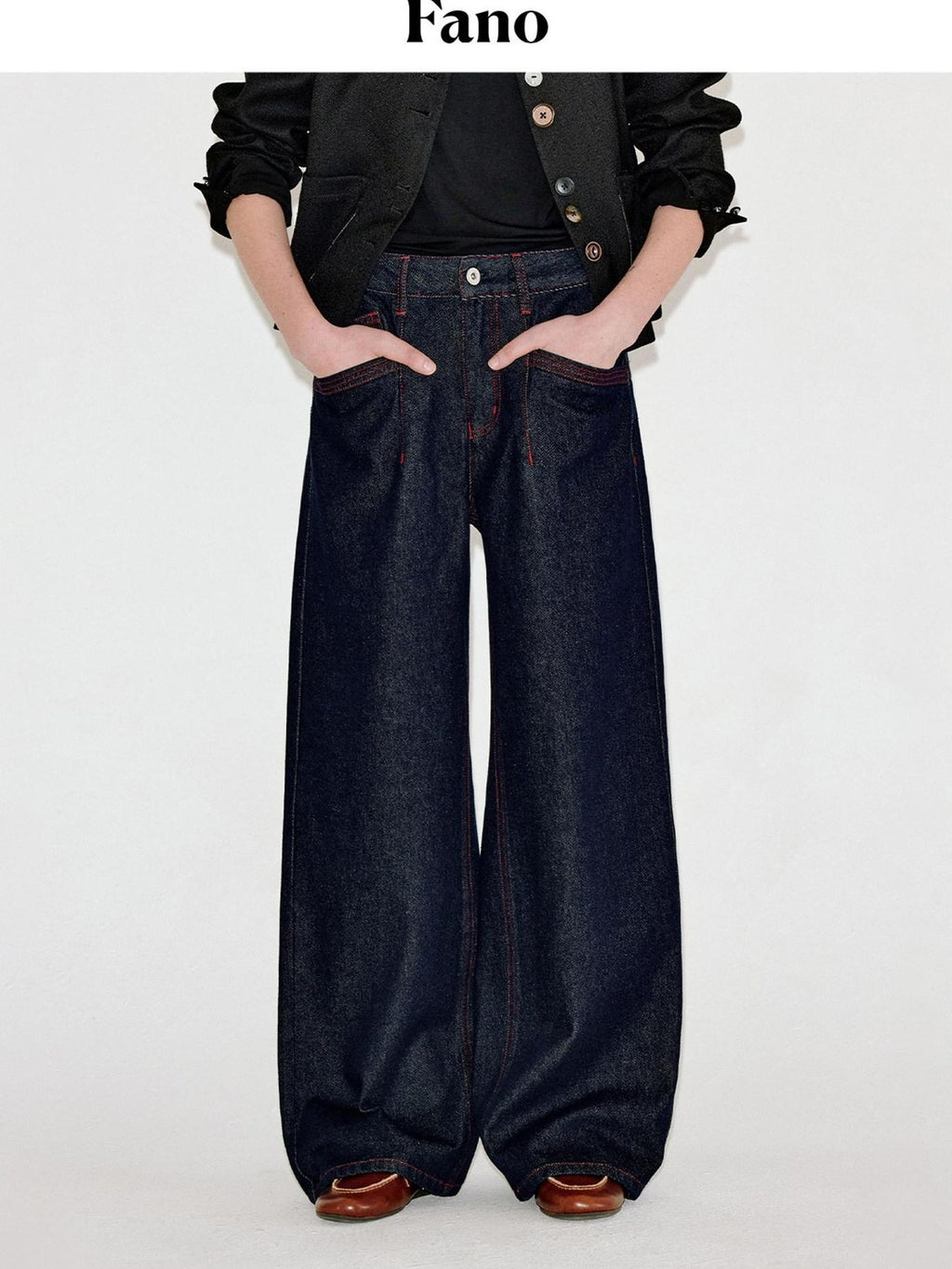 fano Comfortable Cotton Vintage Relaxed Natural Waist Women Raw Denim Wide Leg Jeans