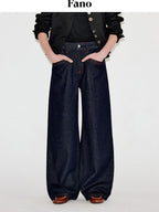 fano Comfortable Cotton Vintage Relaxed Natural Waist Women Raw Denim Wide Leg Jeans