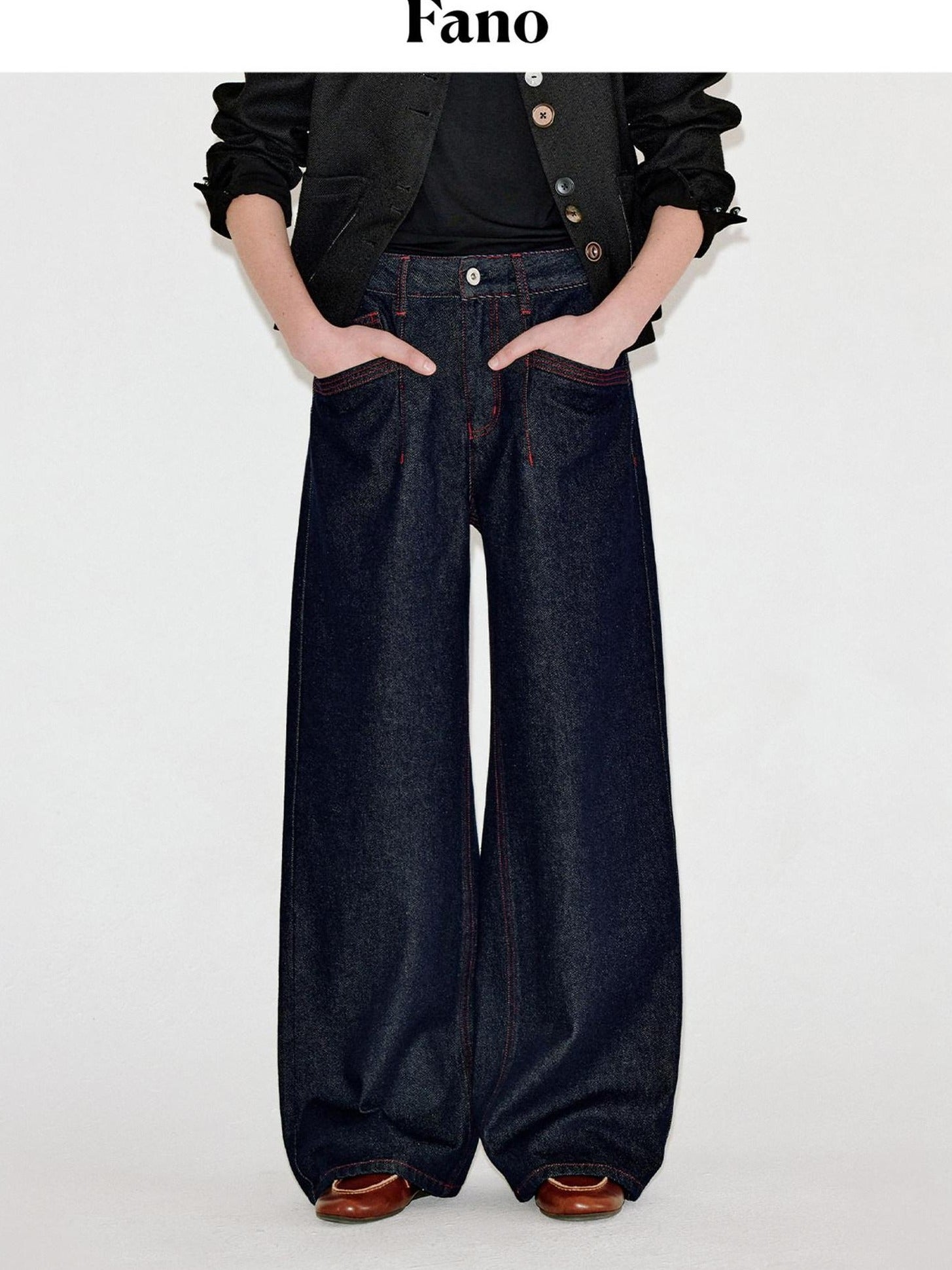 fano Comfortable Cotton Vintage Relaxed Natural Waist Women Raw Denim Wide Leg Jeans