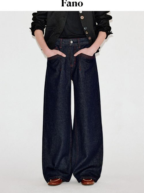 fano Comfortable Cotton Vintage Relaxed Natural Waist Women Raw Denim Wide Leg Jeans
