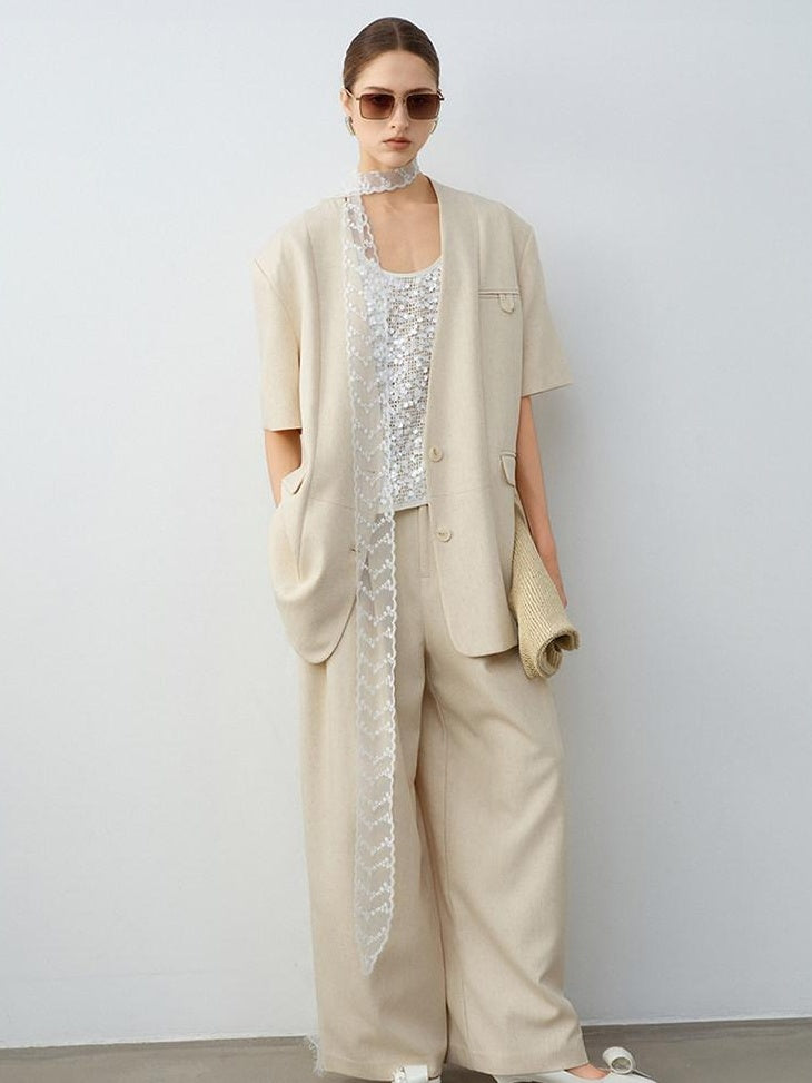 audreyyang Elegant Lace Natural Waist Office Loose Womens White Linen Blend Wide Leg Pants