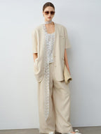 audreyyang Elegant Lace Natural Waist Office Loose Womens White Linen Blend Wide Leg Pants