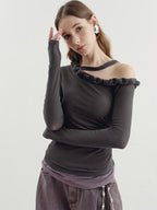 someonesometimes Lyocell Linen Blend Asymmetric Neckline Slim Fit Women Long Sleeve T-Shirts