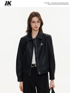ikyou Glossy Slim Fit Androgynous Pu Black Short Lapel Zipper Daily Leather Jackets
