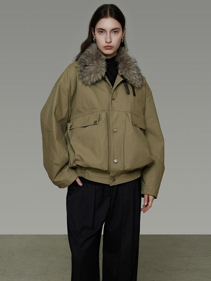 unspoken Thick Fleece Lined Fur Collar Loose Minimal Commuter Women Sage Puffer Jackets