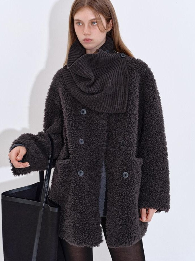 fano Cozy Faux Shearling Lined Loose Fit Double Breasted Midlength Women Long Coats
