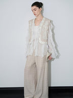 audreyyang Linen Blend V-neck Vest Trousers Solid Minimal Original Design Top & Pants Sets