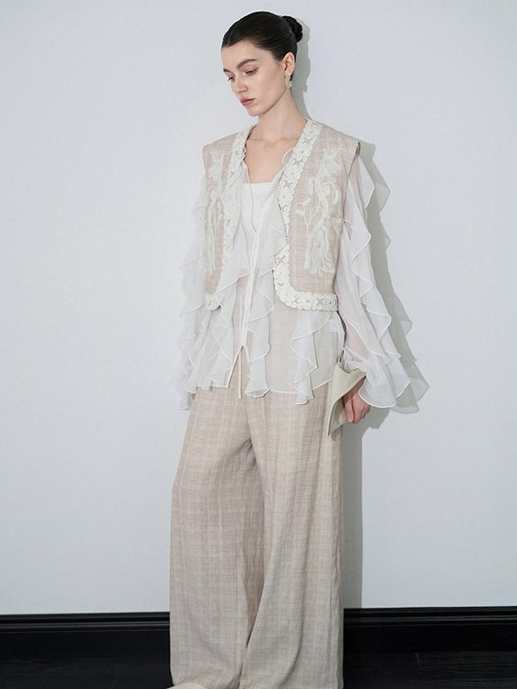 audreyyang Linen Blend V-neck Vest Trousers Solid Minimal Original Design Top & Pants Sets