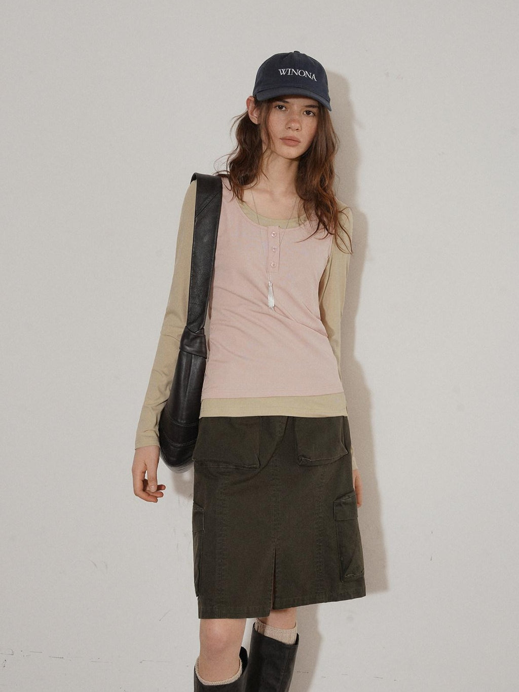 Lofi choose High Waist Cotton Slit H Line Loose Office Women Seaweed Green Midi Skirts