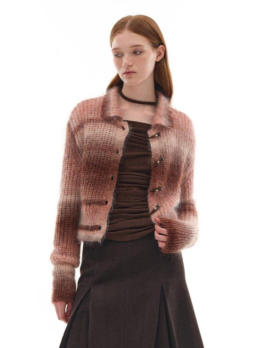 someone sometimes Soft Mohair Blend Lapel Collar Button Front Women Pink Brown Gradient Cardigans