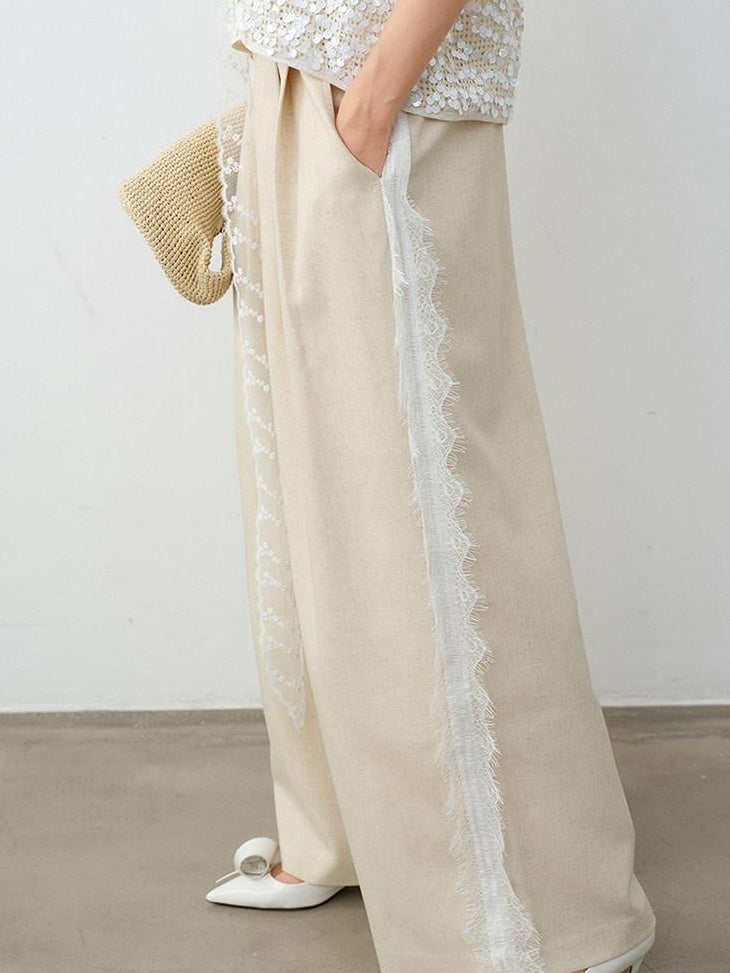 audreyyang Elegant Lace Natural Waist Office Loose Womens White Linen Blend Wide Leg Pants