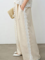 audreyyang Elegant Lace Natural Waist Office Loose Womens White Linen Blend Wide Leg Pants