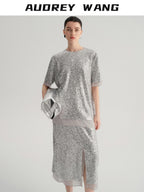 audreyyang Sparkling Sequin Casual Loose Fit Women Crew Neck Top & Skirt Sets