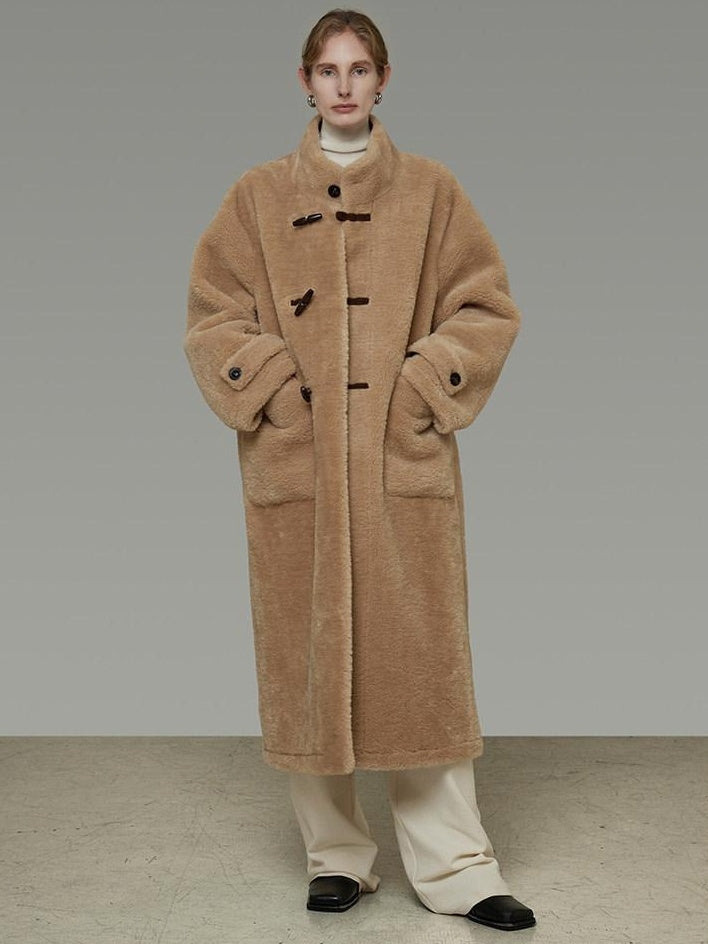unspoken Warm Faux Fur Lined Vintage Loose Fit Stand Collar Women Daily Long Coats