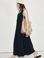 fano Black Cotton Blend A Line Sleeveless Round Neck Natural Waist Women Maxi Dresses