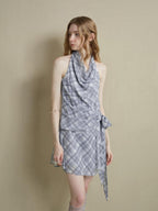 someonesometimes Lightweight Halter Tie Plaid Office Regular Fit Cornflower Blue Midi Dresses