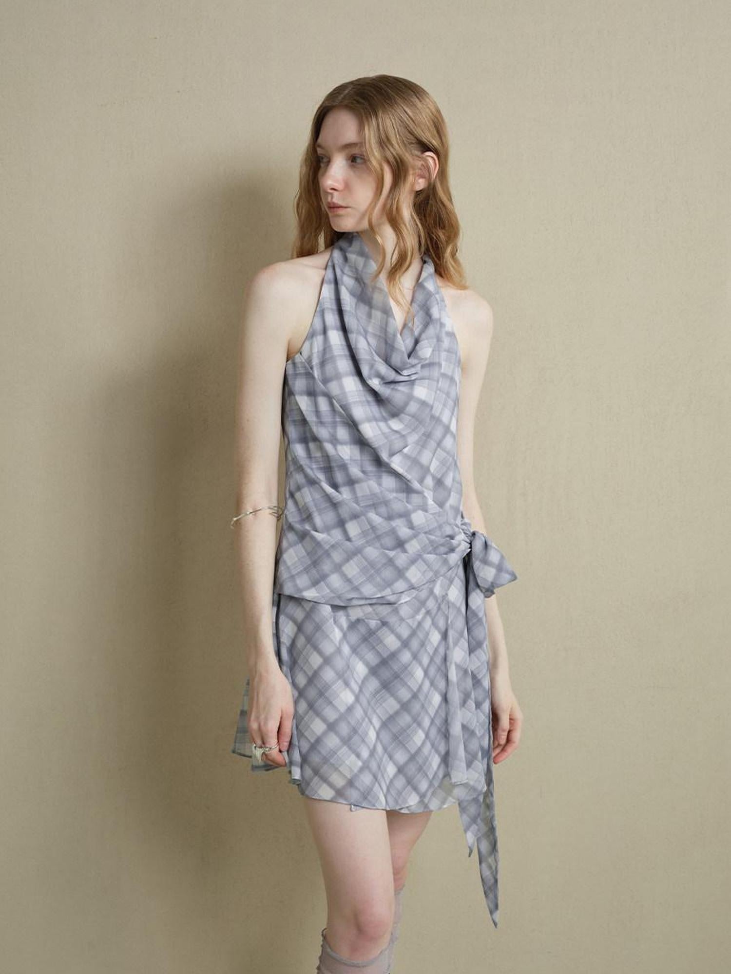 someonesometimes Lightweight Halter Tie Plaid Office Regular Fit Cornflower Blue Midi Dresses