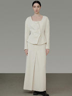 unspoken Slim Office Button Front Long Sleeve Cream Polyester Women Top & Skirt Sets