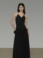 unspoken Ultra Soft Tencel A Line Cinched Waist Minimalist Commuter Black Maxi Dresses