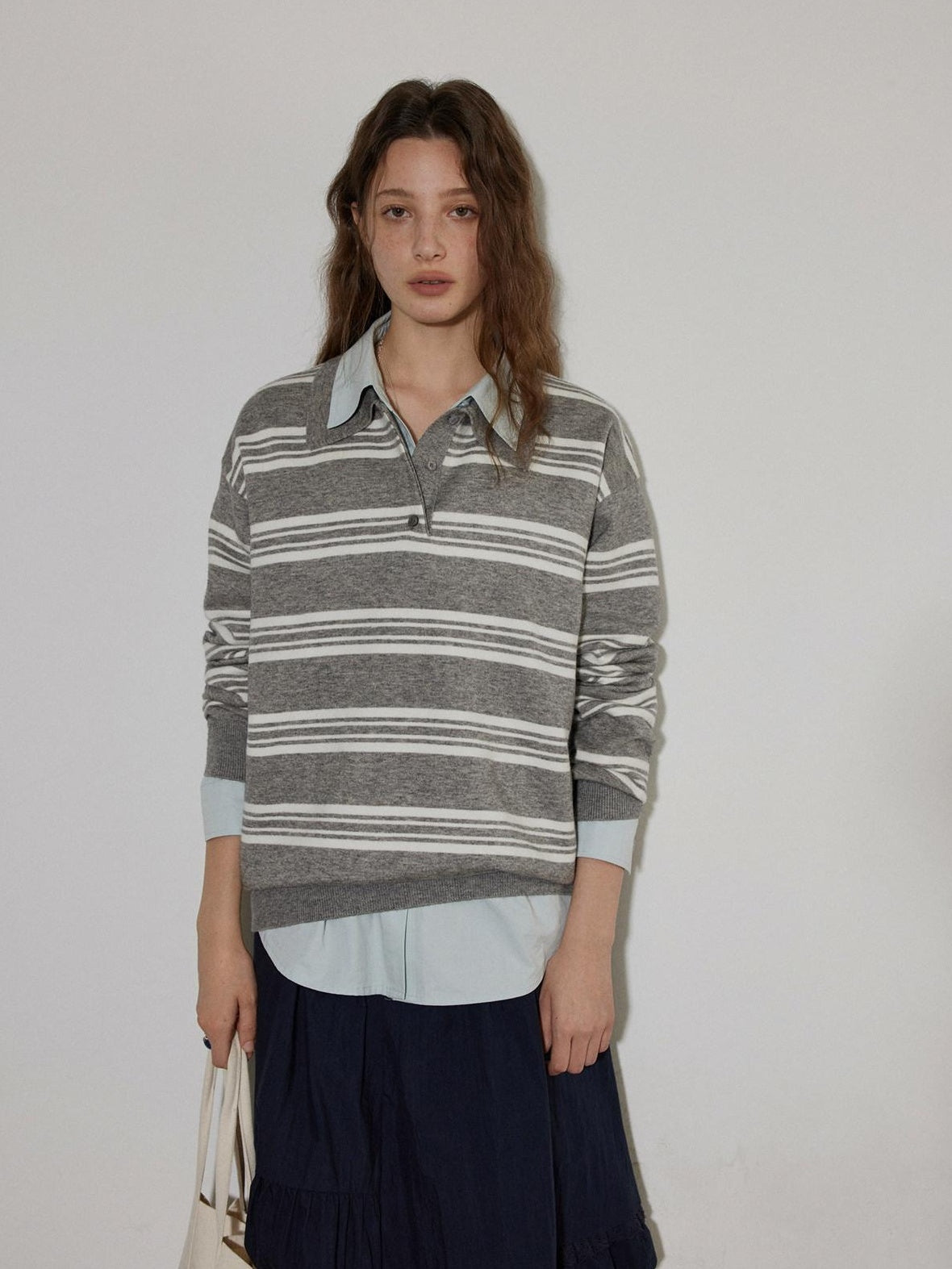 Lofi choose Soft Acrylic Blend Loose Fit Striped Polo Collar Office Women Knit Sweaters