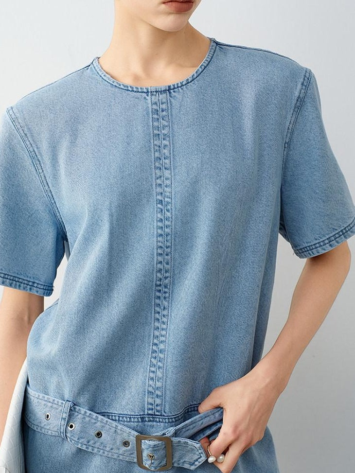 audreyyang Washed Tencel Micro Stretch Straight Fit Denim Blue Casual Short Sleeve T-Shirts