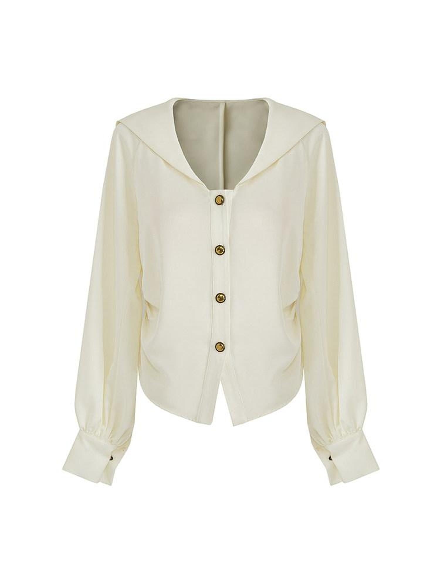 unspoken Cream Polyester Sailor Collar Button Front Loose Fit Office Minimalist Blouses