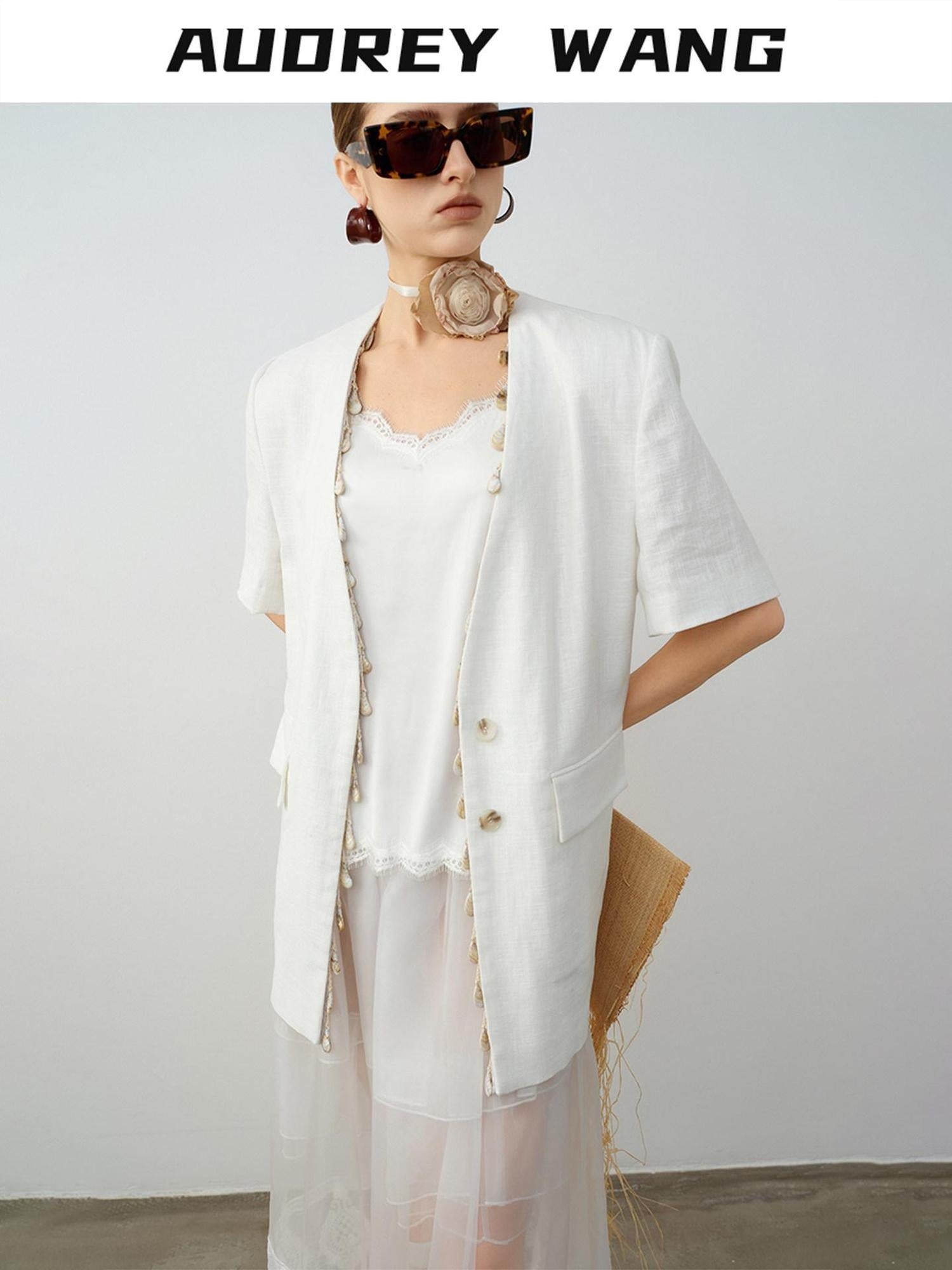 audreyyang Breathable Linen Short Sleeve Minimalist Back Vent Casual Womens Blazers