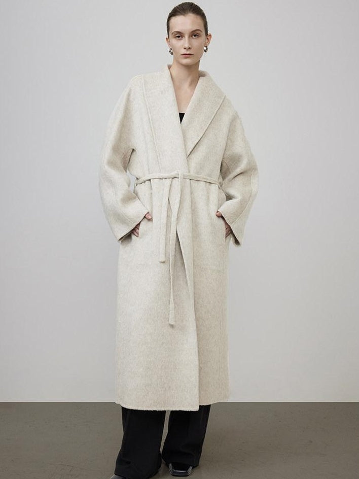 unspoken Warm Wool Rabbit Silk Blend Tie Waist Straight Cut Minimal Commuter Long Coats