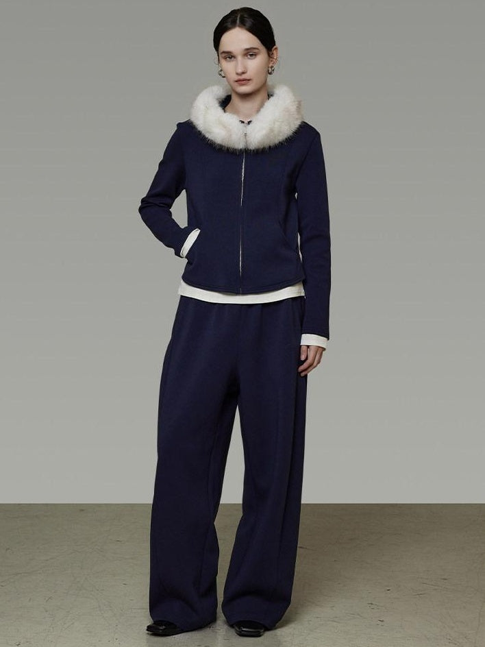 unspoken Warm Slim Fit Zip Hooded Cardigan High Waist Commuter Polyester Navy Lounge Sets