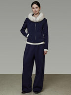 unspoken Warm Slim Fit Zip Hooded Cardigan High Waist Commuter Polyester Navy Lounge Sets