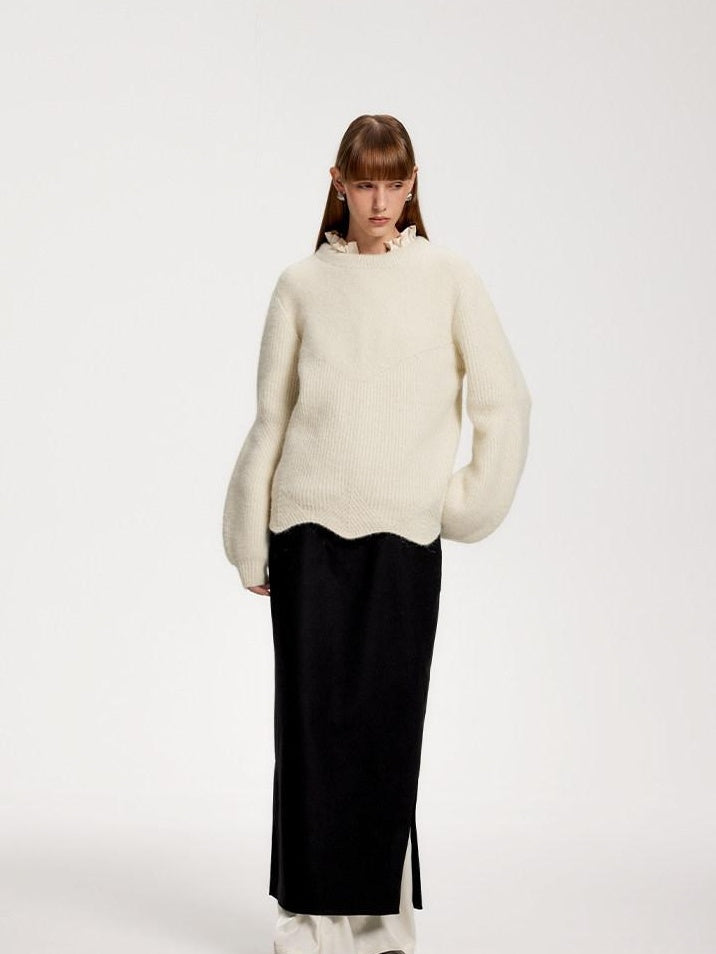 someone sometimes Recycled Viscose Wool Blend Commuter Crew Neck Pullover Cream Sweaters