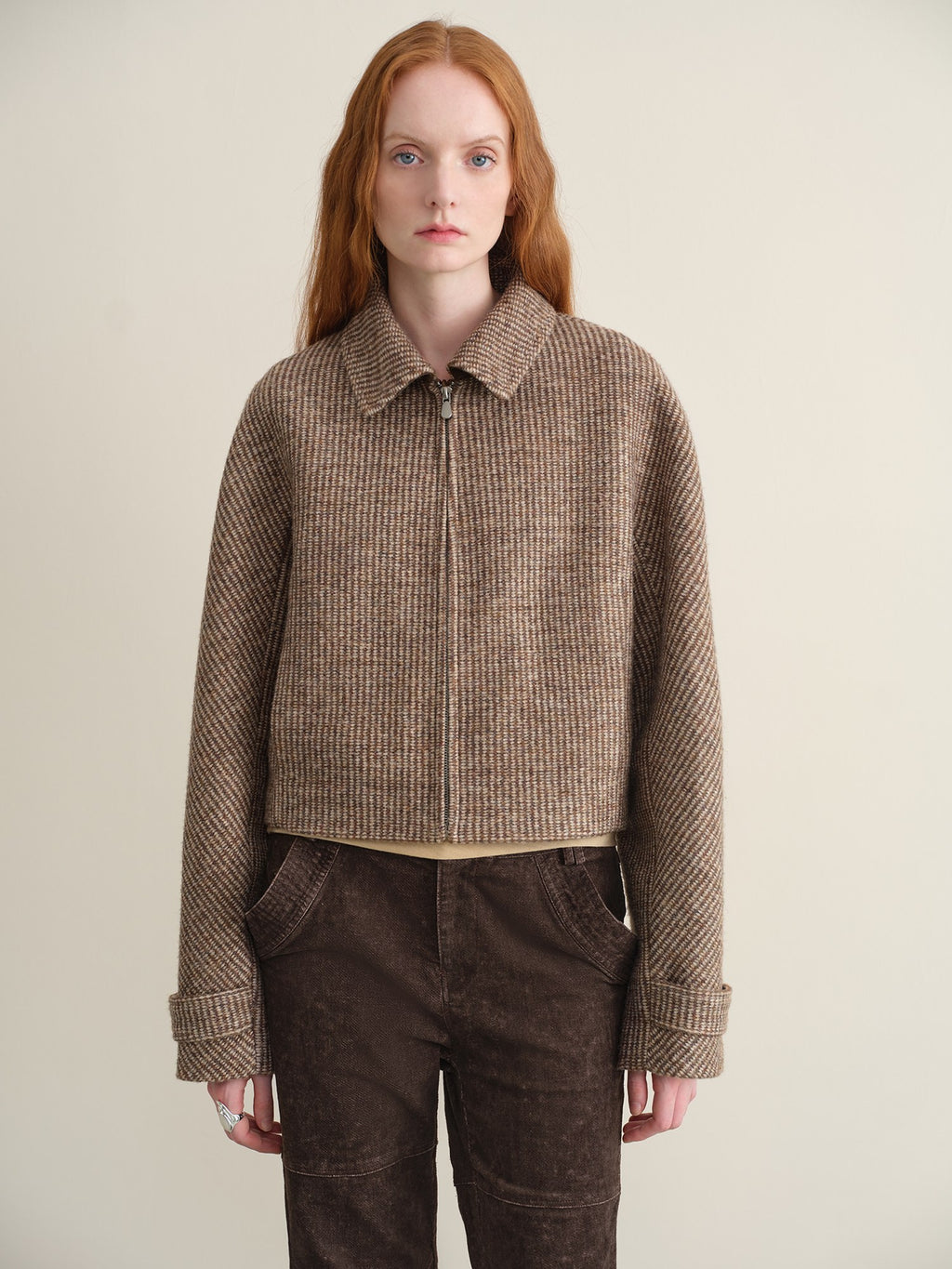 someone sometimes Wool Blend Retro Loose Zip Lapel Long Sleeve Women Multicolor Cropped Jackets