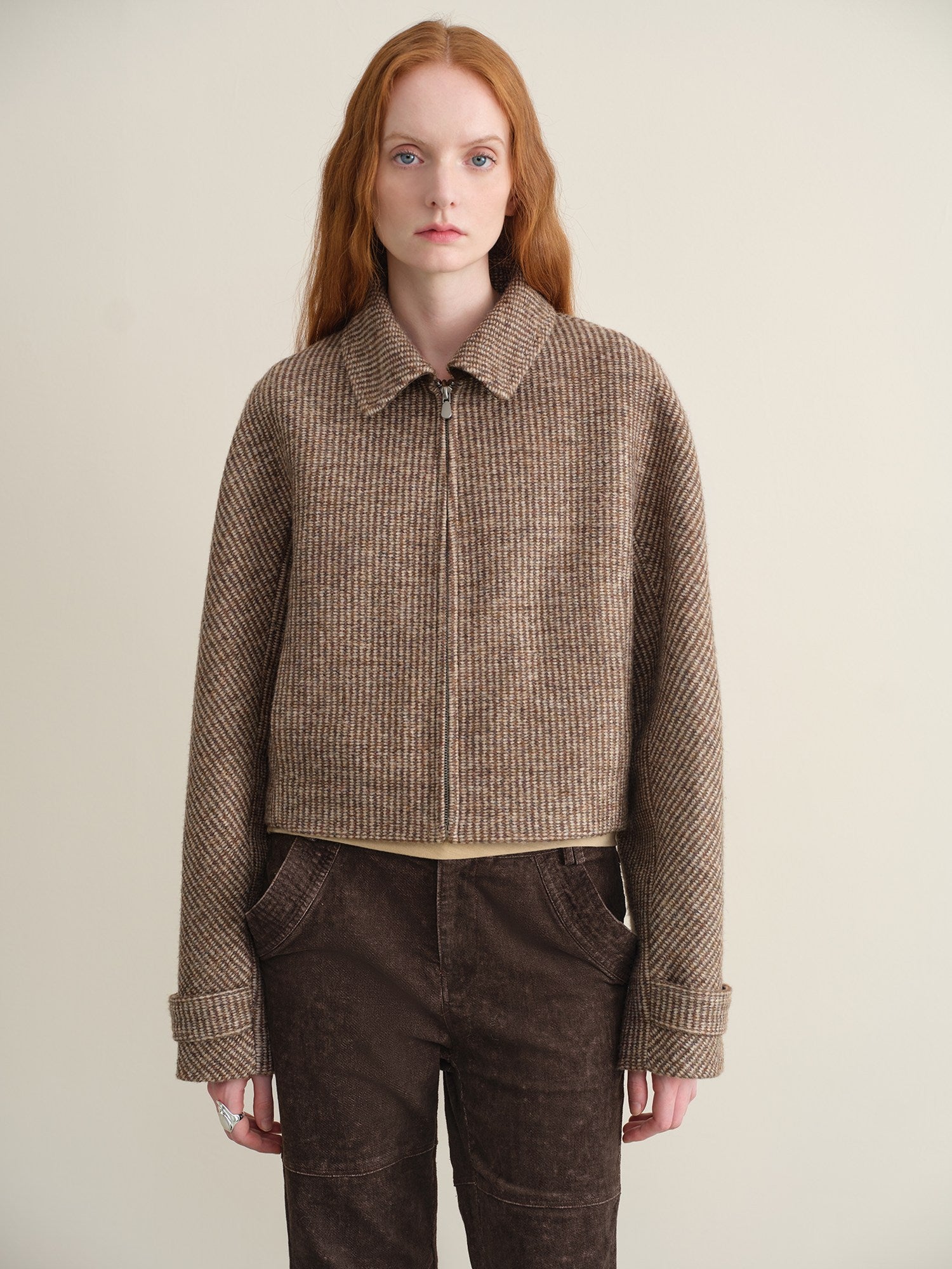 someone sometimes Wool Blend Retro Loose Zip Lapel Long Sleeve Women Multicolor Cropped Jackets