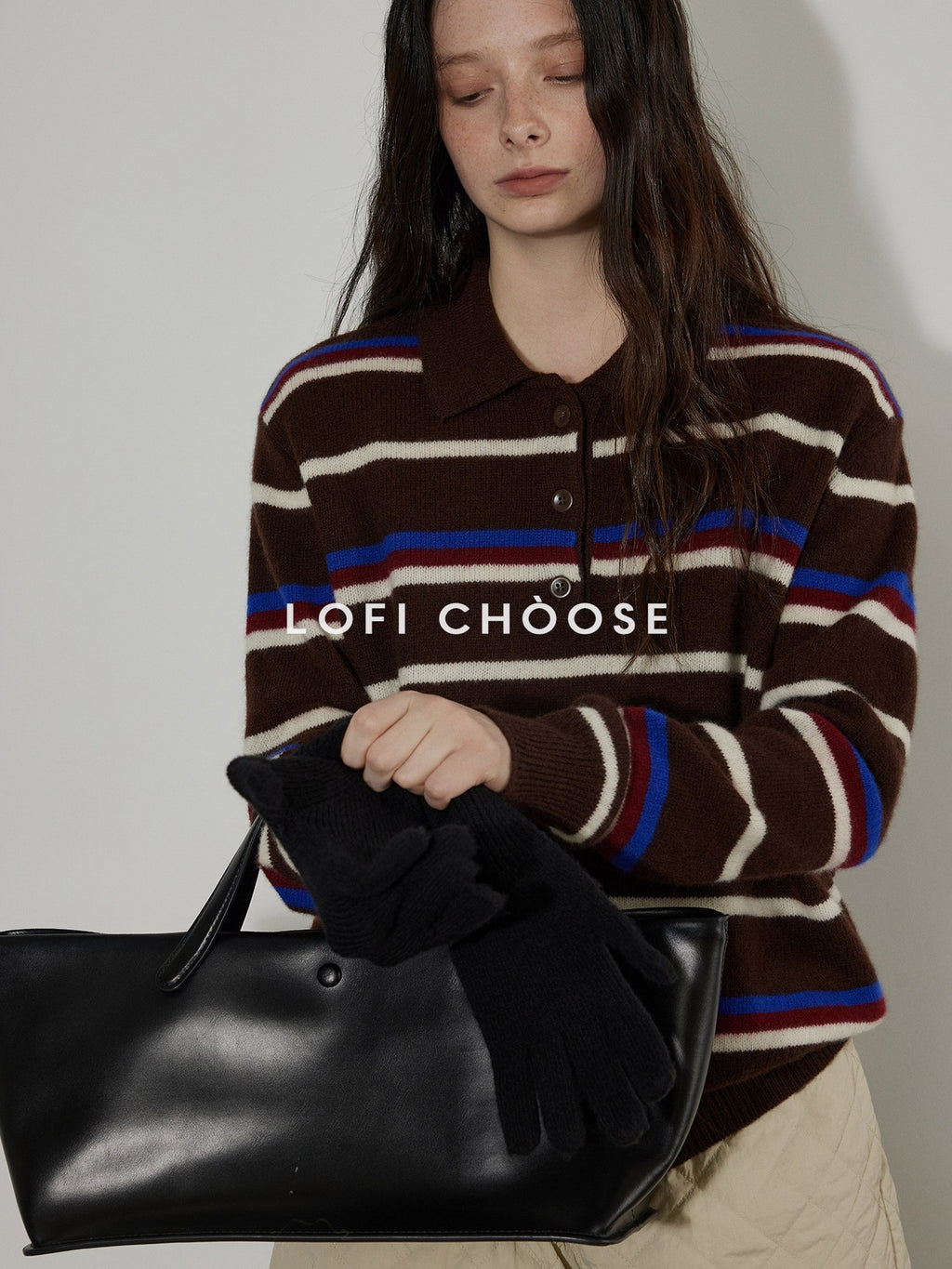 Lofi choose Colorblock Striped Polo Collar Relaxed Fit Commuter Women Knitwear Sweaters