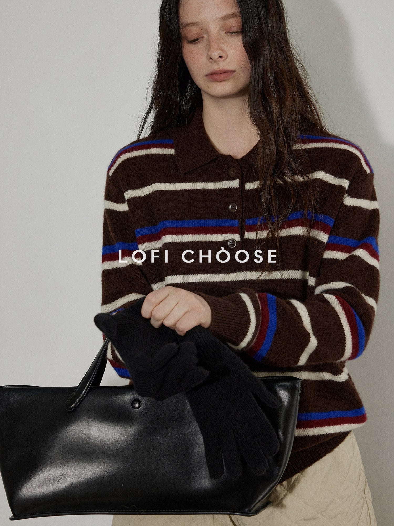 Lofi choose Colorblock Striped Polo Collar Relaxed Fit Commuter Women Knitwear Sweaters